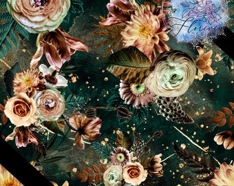 2 seamless digital patterns Flower, garden, dark, red, green, luxury, forest, blue, teale, orange, yellow, watercolor, gold