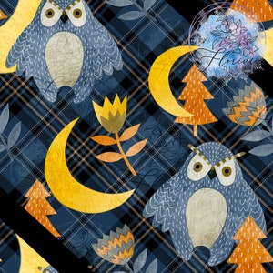 Seamless digital pattern Digital paper, animal, owl, cute, night, sleeping, moon, watercolor, stars, forest, plants, tree