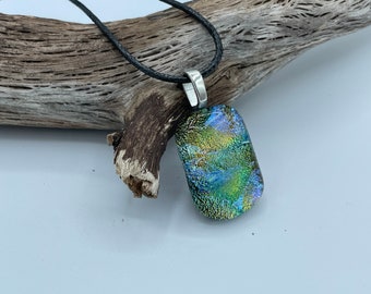 Fused Glass Pendant Necklace - sparkly multicolored rainbow Dichroic  handmade jewelry- unique women’s gift