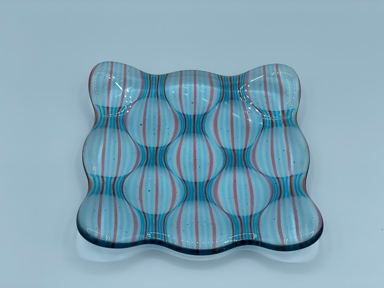 Fused Glass Dish Spectacular Clear Blue & Red Pink Striped Optical