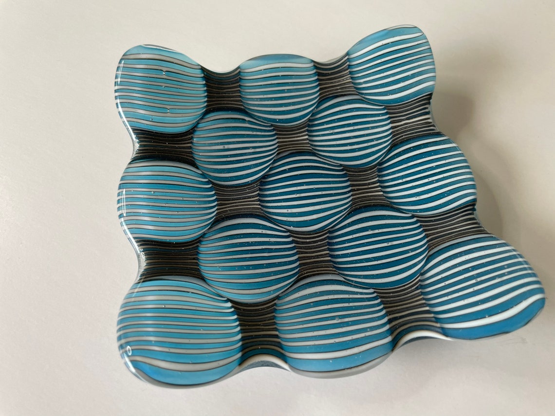 Fused Glass Dish Spectacular Blue & White Striped Optical Illusion