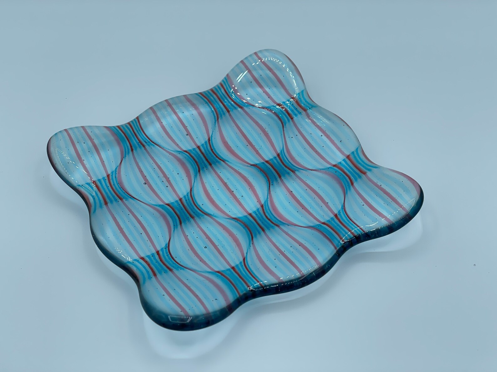 Fused Glass Dish Spectacular Clear Blue & Red Pink Striped Optical