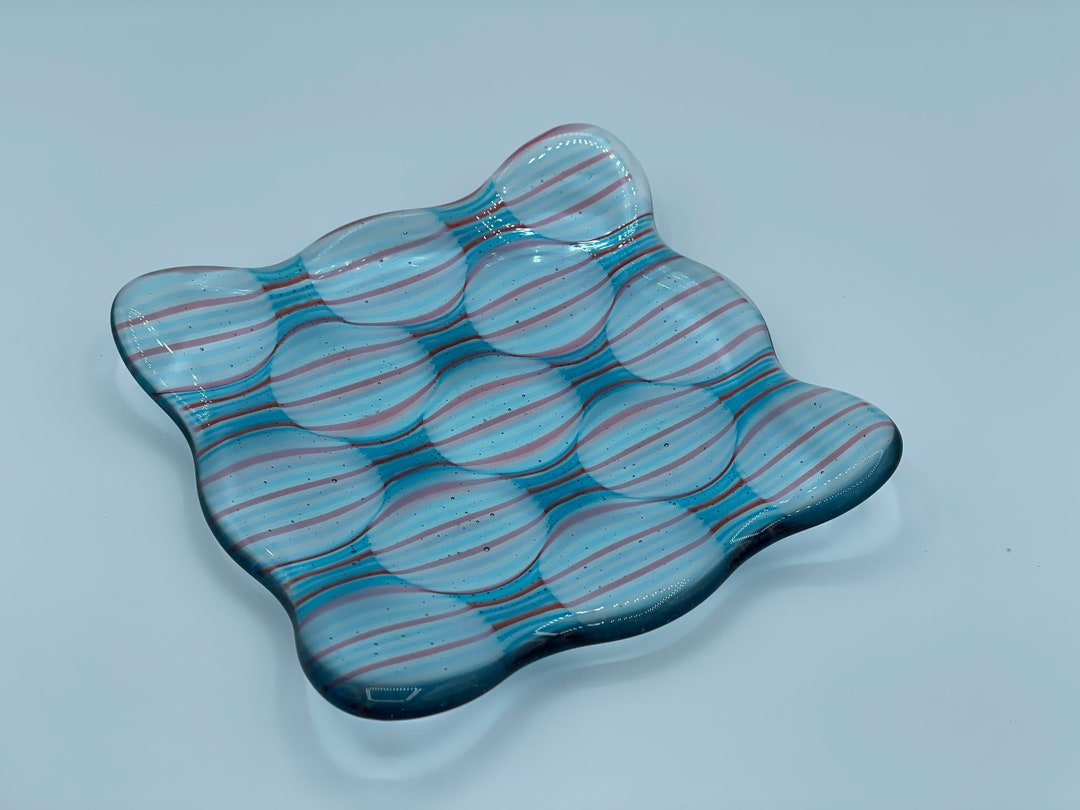 Fused Glass Dish Spectacular Clear Blue & Red Pink Striped Optical