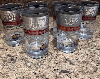 Moroccan Silver Tea Glasses with Red Rim - Set of 6