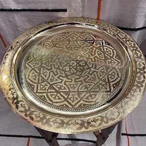 24&quot; Brass and wood table tray with foldable Legs, Moroccan tray table, Moroccan brass table