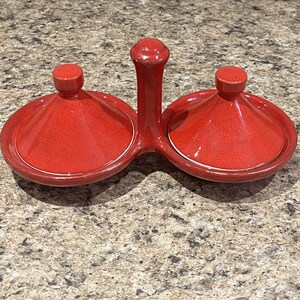Moroccan Red Ceramic Double Tagine: Spices, Oil, and Condiments