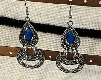 Filigree Sterling Silver Dangle Earrings with Blue Stone