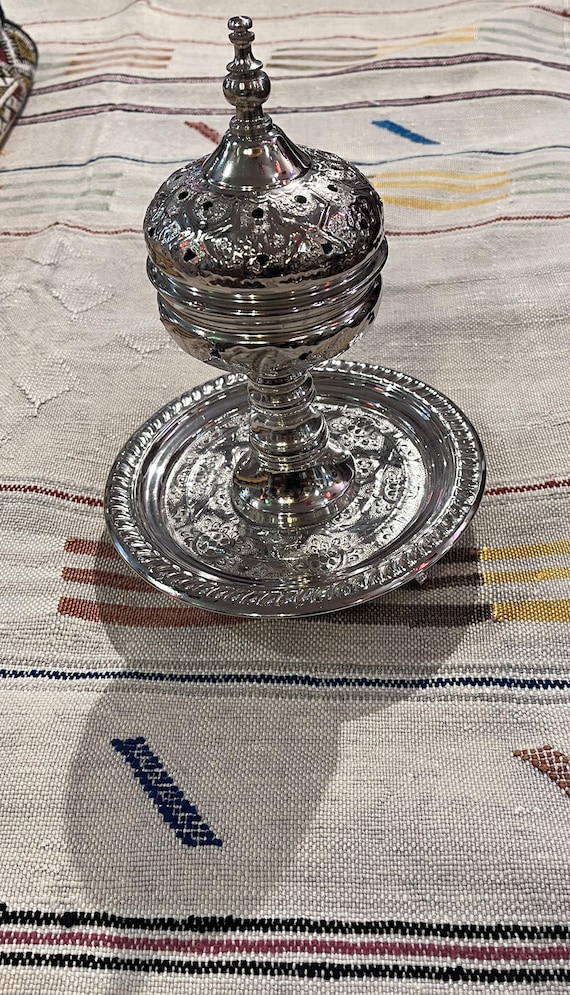 Silver Plated Moroccan Incense Burner: Ornate Arabic Oud Bakhoor