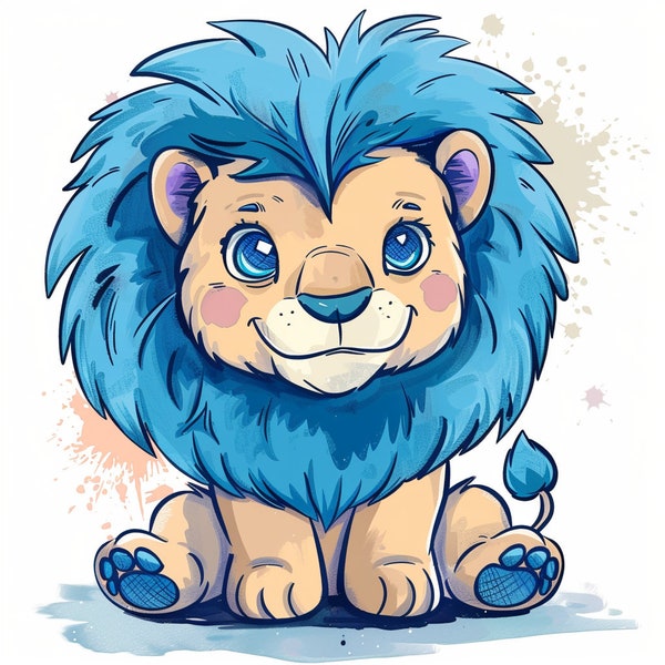 Baby lions blue fur clipart, 10 PNG, digital print, wall decor, sublimation, 1 ZIP file.