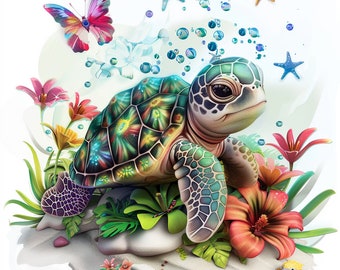 baby sea turtle illustration, 10 PNG, digital print, wall decoration, baby room decoration, sublimation, 1 ZIP file