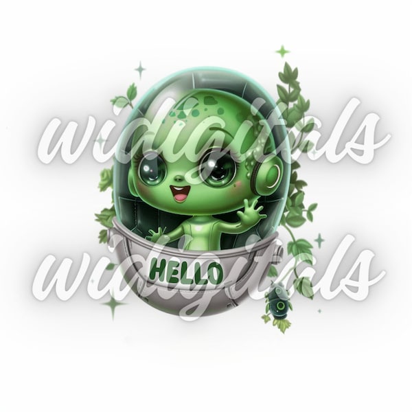 Baby green alien "HELLO", digital print, direct download, sublimation, 1 PNG.