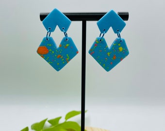 Funky Blue Terrazzo Earrings  |  Lightweight  | Blue, Orange, Yellow |  Polymer Clay