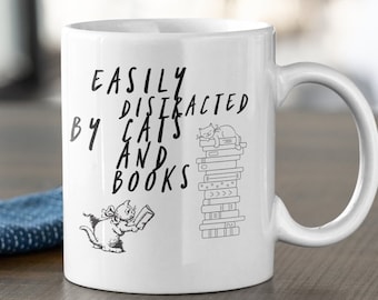 Easily Distracted by Cats and Books 11 Oz Coffee Mug – Premium Quality for Cat Lovers and Bookworms