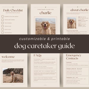 Könnte beinhalten: Ein anpassbarer und druckbarer Hunde-Betreuer-Leitfaden mit einem beige-braunen Farbschema. Der Leitfaden enthält Abschnitte für eine tägliche Checkliste, Betreuerinformationen, FAQs und Notfallkontakte. Der Leitfaden enthält Fotos eines Golden Retrievers.