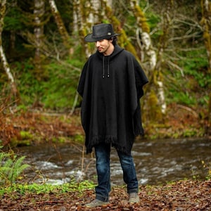 100% Merino Wool Poncho | Unisex Black Poncho | Black Wool Serape | South Western style poncho handwoven in South America