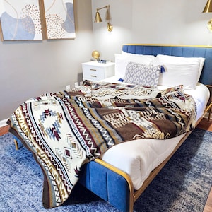 May include: A bed with a blue headboard and a patterned blanket. The blanket features a geometric design in shades of brown, cream, burgundy, and blue. White pillows and a patterned throw pillow are on the bed. The bed is on a blue rug.