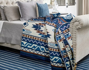 Reversible Blue Alpaca Wool Throw Blanket | alpaca wool blanket | Native design blanket | Queen Size blanket | Native American blanket