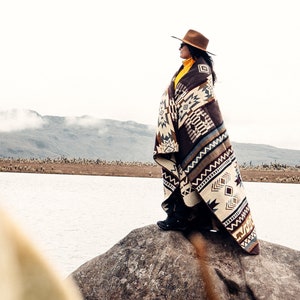 Alpaca Wool Blanket - Queen Size | Southwestern Throw Blanket - Native Design |  Brown Boho Blanket