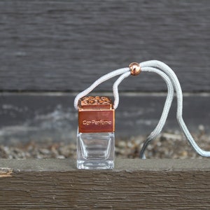 May include: A small, clear glass bottle with a copper top and a white string hanging from it. The bottle is labelled "Car Perfume".