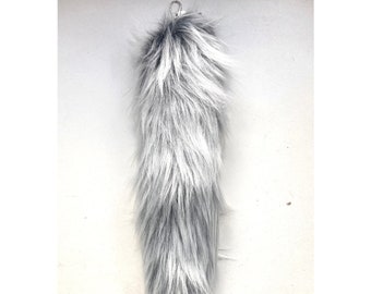 Dark Grey White Frost 32cm 12" Faux Tail Fake Fur Arctic Wolf Fox Fake Animal Tail Large Keyring Keychain! *Made to order*