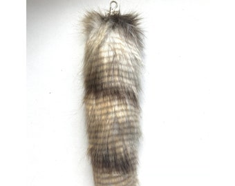 Striped Brown Beige White 32cm 12" Faux Tail Fake Fur Realistic Wolf Fox Fake Animal Tail Large Keyring Keychain! *Made to order*
