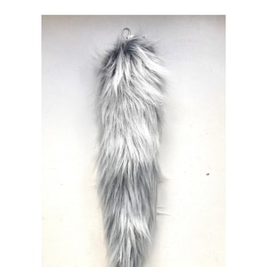 Dark Grey White Frost 32cm 12&quot; Faux Tail Fake Fur Arctic Wolf Fox Fake Animal Tail Large Keyring Keychain! *Made to order*