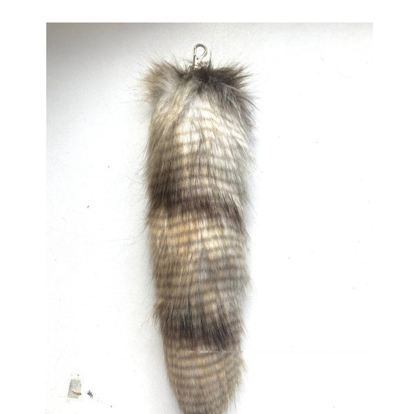 Striped Brown Beige White 32cm 12" Faux Tail Fake Fur Realistic Wolf Fox Fake Animal Tail Large Keyring Keychain! *Made to order*