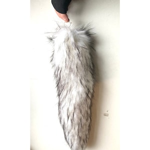 Large Handmade Tail 47 cm UK White Black Fleck Husky Faux Fur Arctic Wolf Fox Fake Animal Tail Keyring Keychain Clip On *Made to order*