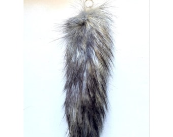 Large Handmade Tail 34 cm UK Beige-Blue-Grey DARK VARIANT Faux Fur Wolf Fox Fake Animal Tail Keyring Keychain Clip On *Made to order*