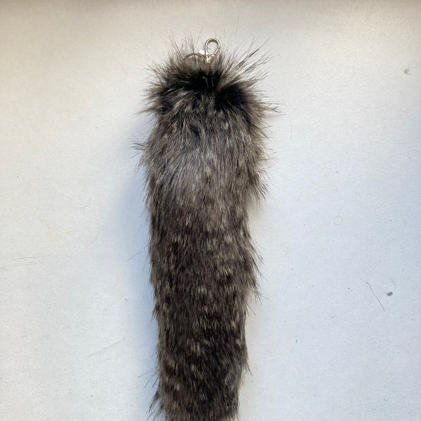 Dark Grey Stripy 31cm 12" Faux Tail Fake Fur Wolf Raccoon Fox Fake Animal Tail Large Keyring Keychain! *Made to order*