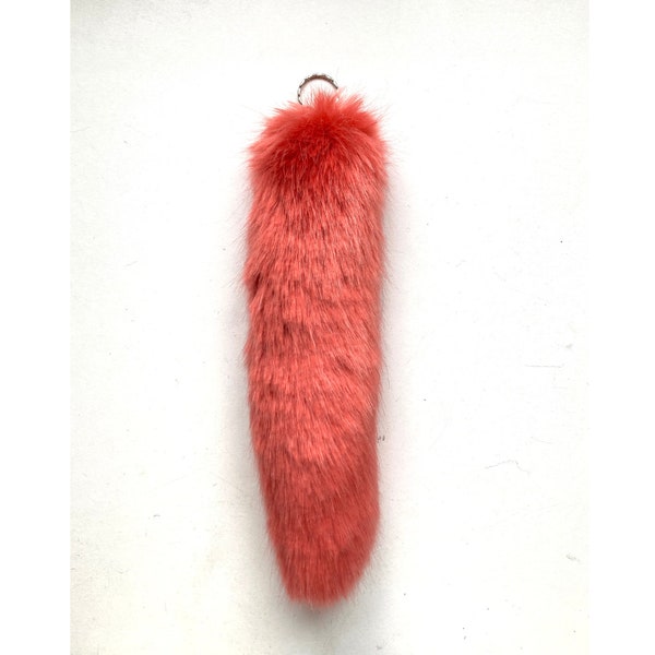 Coral Pink Handmade UK 27cm 11" Faux Fur Wolf Fox FAKE Animal Tail Keyring Keychain - *Made to order*