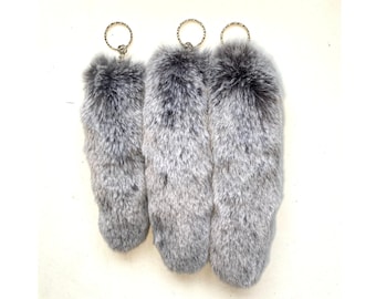 Handmade UK Black Grey Frost Faux Fake Fur Fox/Arctic Wolf Fake Animal Tail Keyring Keychain 16-20cm - *Made to order*