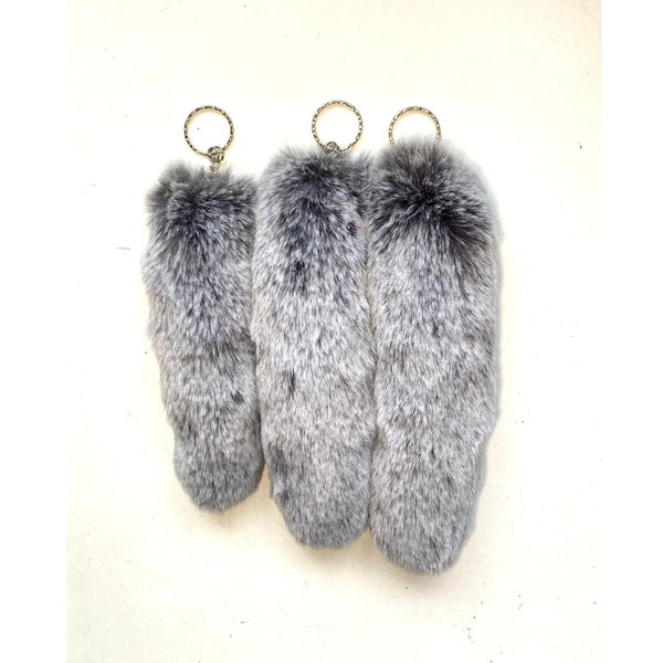 Handmade UK Black Grey Frost Faux Fake Fur Fox/Arctic Wolf Fake Animal Tail Keyring Keychain 16-20cm - *Made to order*