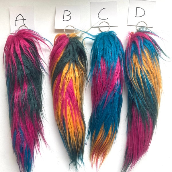 Multicoloured Tail Rainbow Harlequin FAKE Animal Tails 30cm 11.7" Mongolian Faux Fake Fur Wolf Fox Keyring Keychain Accessory!