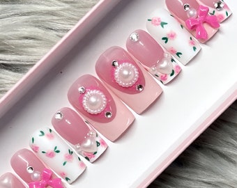 Coquette Pink Press-On Nails: Pearl Bow Short Square Nail Set