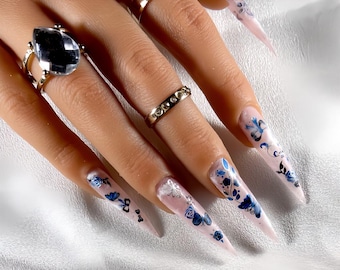 White Marble Stiletto Press Ons - Blue Nail Stickers with Matte Glitter Fake Nails