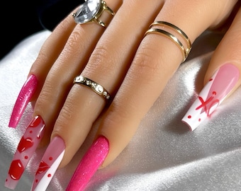 Pink & Red XO Press On Nails: 2XL Coffin Romantic Nail Art