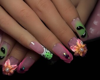 Spring Press On Nails: False Nails with 3D Flowers and Rhinestone Charms