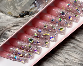 Glitter Press-On Nails with Rhinestones | 3XL Square Glam Nail Set | Sparkly & Glamorous Nail Art