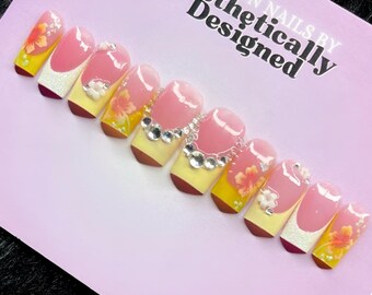 Yellow Press-On Nails| Flower Nail Art | Glitter French Fake Nails | Short Square Shown