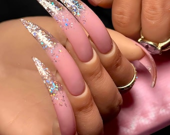 Glitter Ombré  Pink Press on Nails | Curved Stiletto