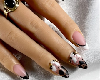 Black and White Press on Nails | Rhinestone Nail Art | Almond Shown