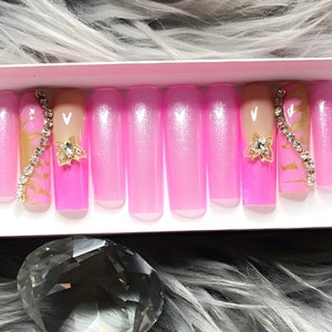 Pink Shimmer Press on Nails with Butterfly Gold Crystal Charms 2XL Square Shown image 3