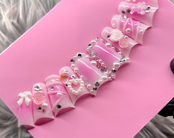 Pink 3D Press-On Nails: Glam Pearls, Rhinestones, Charms