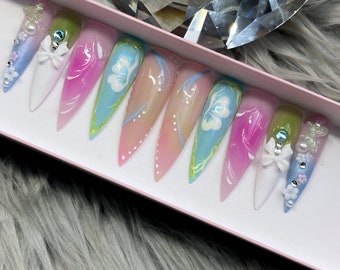 3D Butterfly Bow Press On Nails: Summer Stiletto 2XL