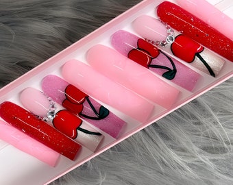 Cherry Press-On Nails with Matte Hearts | 3XL Square Shown