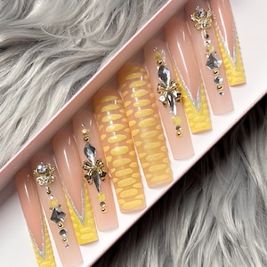 Long Yellow Square Press On Nails: Rhinestone French Tip, Textured Nail Art
