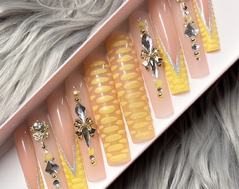 Long Yellow Square Press On Nails: Rhinestone French Tip, Textured Nail Art