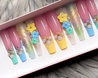 Blue, Green and Yellow Press on Nails | 2XL Coffin Shown