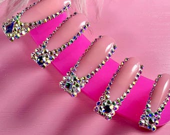 French Rhinestone Press-On Nails | Bling Nails | 2XL Square Shown